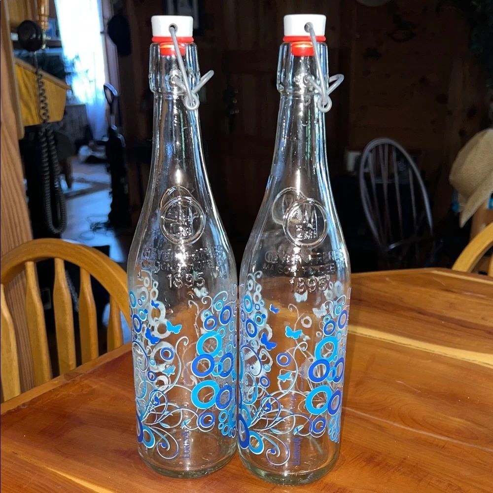 Geyer Freres Lorina Bottles! Set of 2!  Blue Bubbles! Wire Bail Stopper Tops!